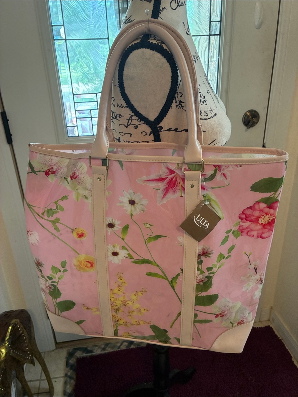 Ulta Beauty Pink Floral Tote with Cream Trim